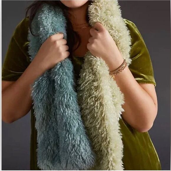 Anthropologie Fluffy Colorblocked Scarf in Mint - Picture 1 of 12
